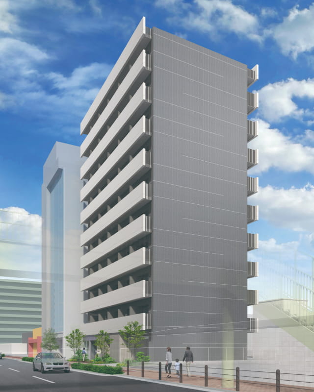 都市部の街並みに調和した住宅建築をイメージさせる、通行人や車も描かれた街路風景
