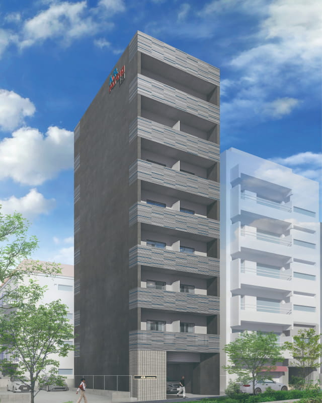 グレーを基調とした外壁と縦長のフォルムが特徴的な、都市型マンションの完成予想図