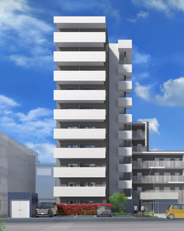 青空の下に建つ白い高層マンションの外観イメージ。前面に駐車場と植栽がある。